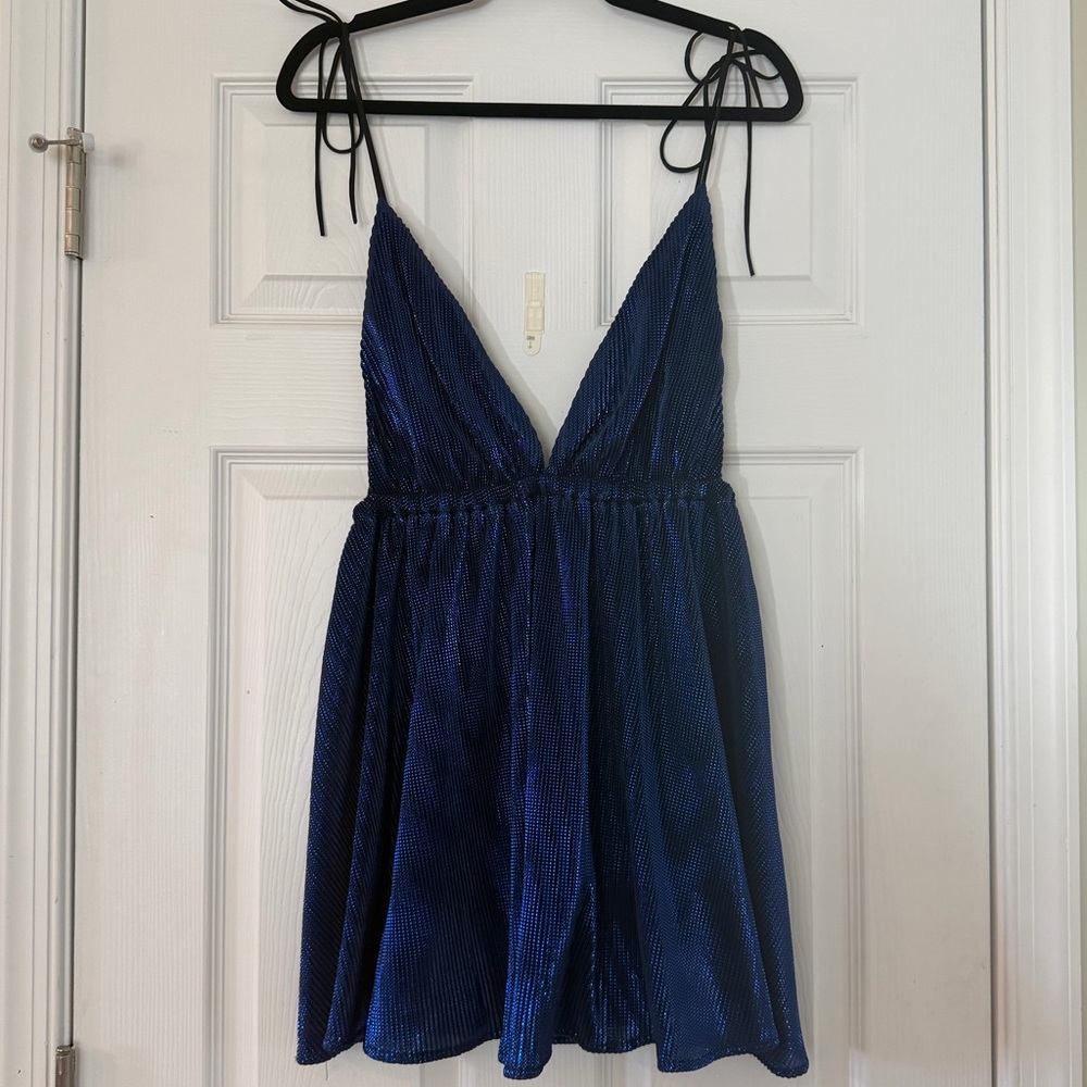 Sapphire Metallic Shiny Blue Flowy Vegas Vacay Sexy Mini Dress Romper